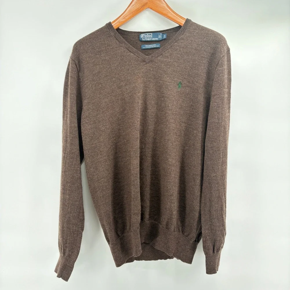 Polo Ralph Lauren Mens Brown 100% Merino Wool V-Neck Sweater Size LT Tall‎